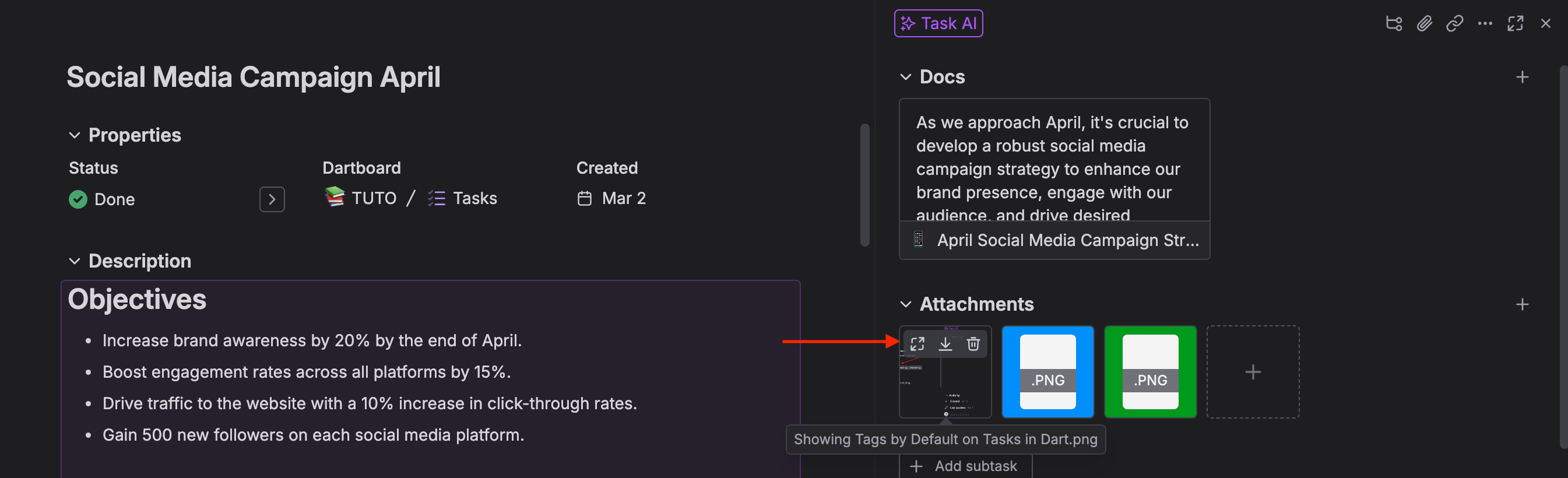 Dart Attachments feature screenshot