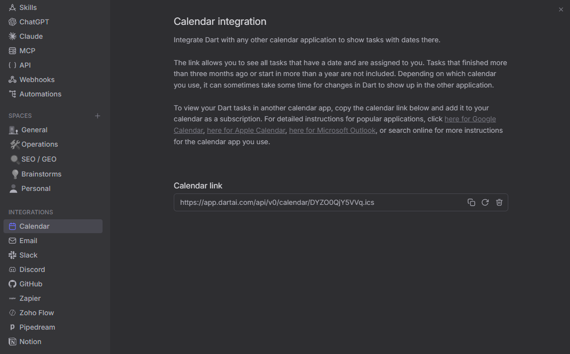 Dart Calendar integration feature screenshot